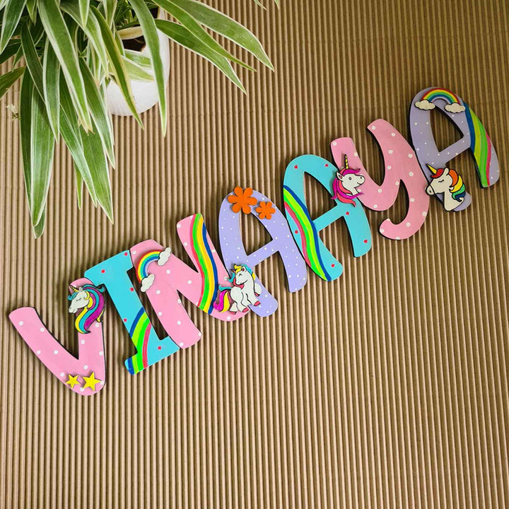 Handcrafted Personalized Unicorn Themed Name Plate For Kids - Name Personalization Example Laid Flat