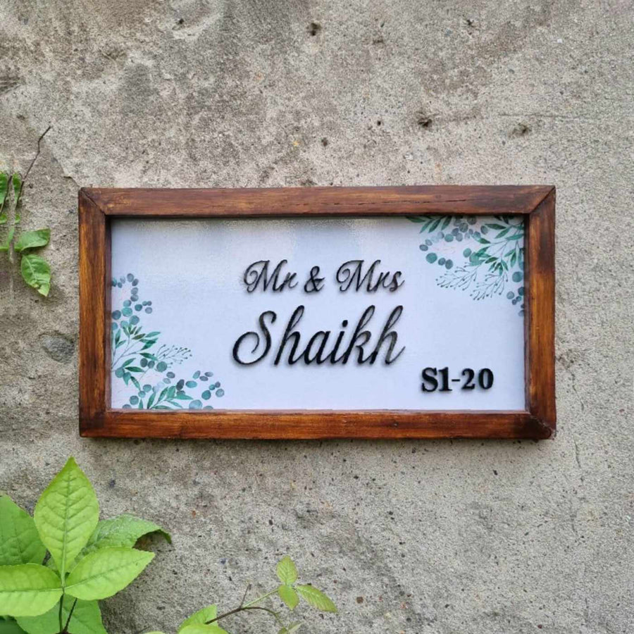Personalized Leafy Design Printed Name Plate With 3D Letters - Mounted on Concrete Wall