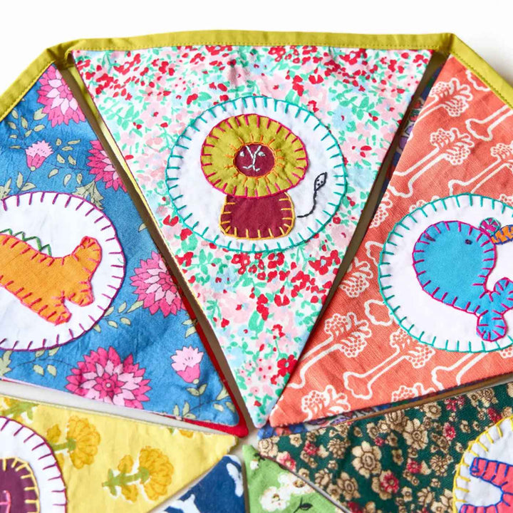 Upcycled Fabric Kids Animal Theme Bunting - Close-up of fabric applique details