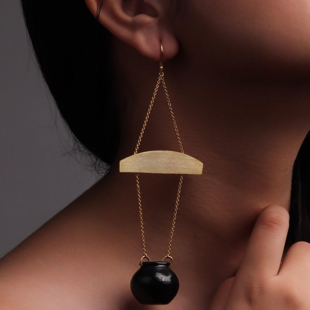 Statement Handmade Handi Long Hanging Brass Earrings | 22K Gold Plated