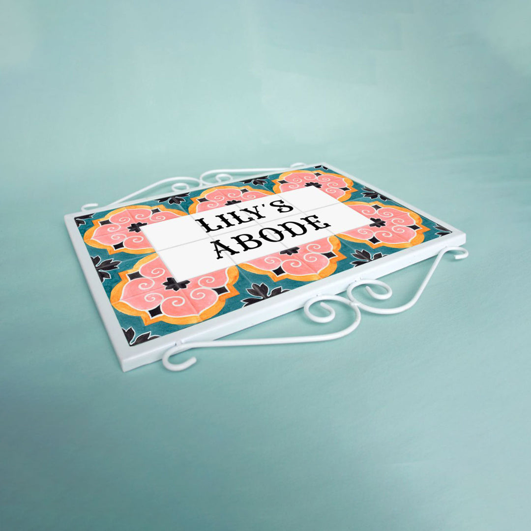 Handpainted Metal Frame Mosaic Style Nameplate 3 - Angled View Lying Flat