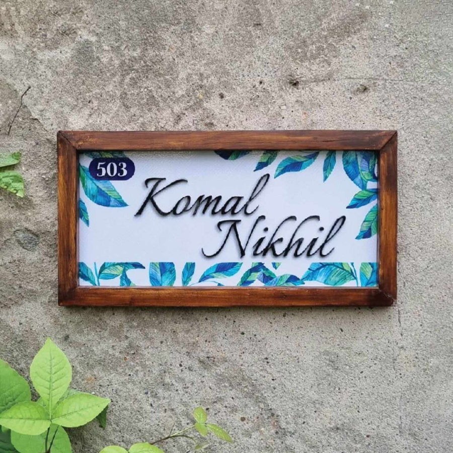 Personalized Azure Verdure Printed Name Plate With 3D Letters - Mounted on Concrete Wall