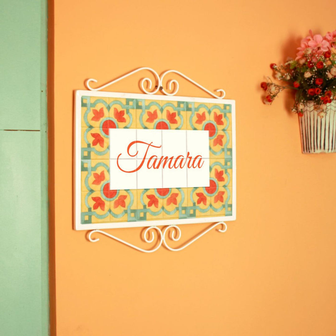Handpainted Metal Frame Mosaic Style Nameplate 4 - Mounted on Wall with Name Personalization