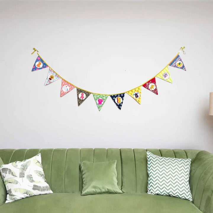 Upcycled Fabric Kids Animal Theme Bunting - Hanging on Wall Above Couch