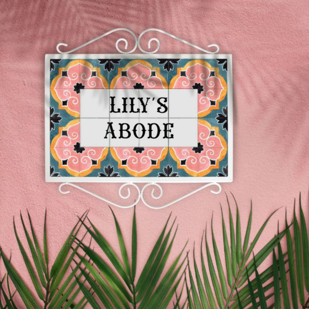 Handpainted Metal Frame Mosaic Style Nameplate 3 - Hanging on Pink Wall Background