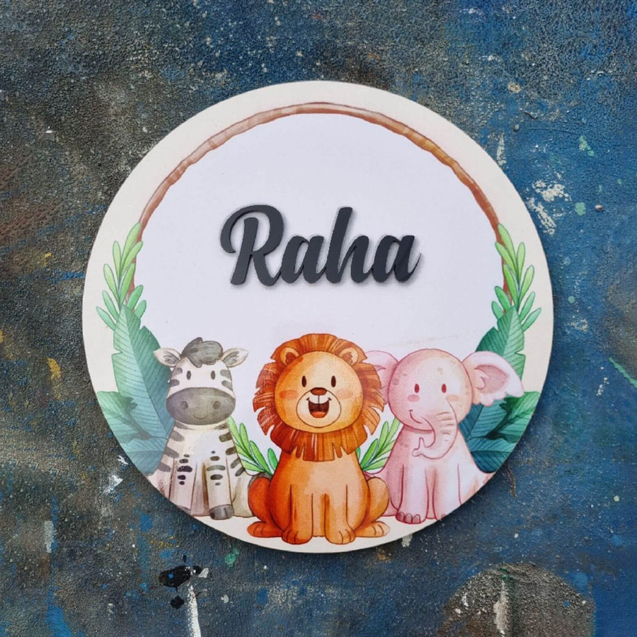 Personalized Animal Printed Kids Name Plate With 3D Letters 1 - Front View with Name Personalization