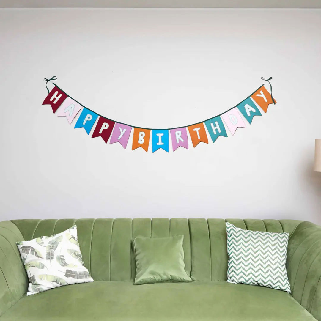 Upcycled Happy Birthday Swallowtail Flag Bunting - Hanging Banner in Living Room