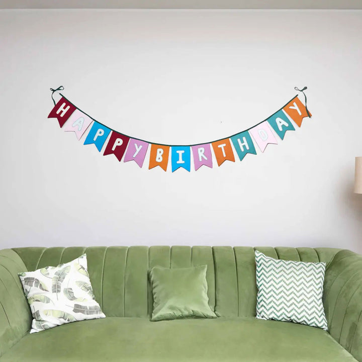 Upcycled Happy Birthday Swallowtail Flag Bunting - Hanging Banner in Living Room