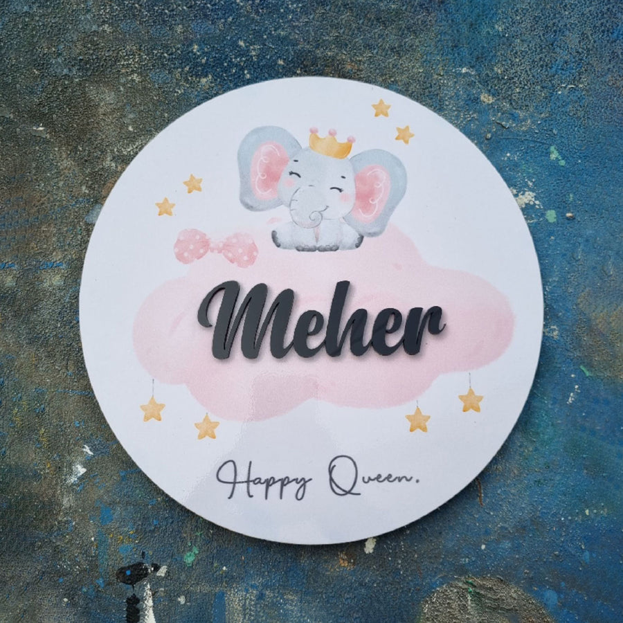 Personalized Elephant Queen Printed Kids Name Plate With 3D Letters - Front View with Name Personalization