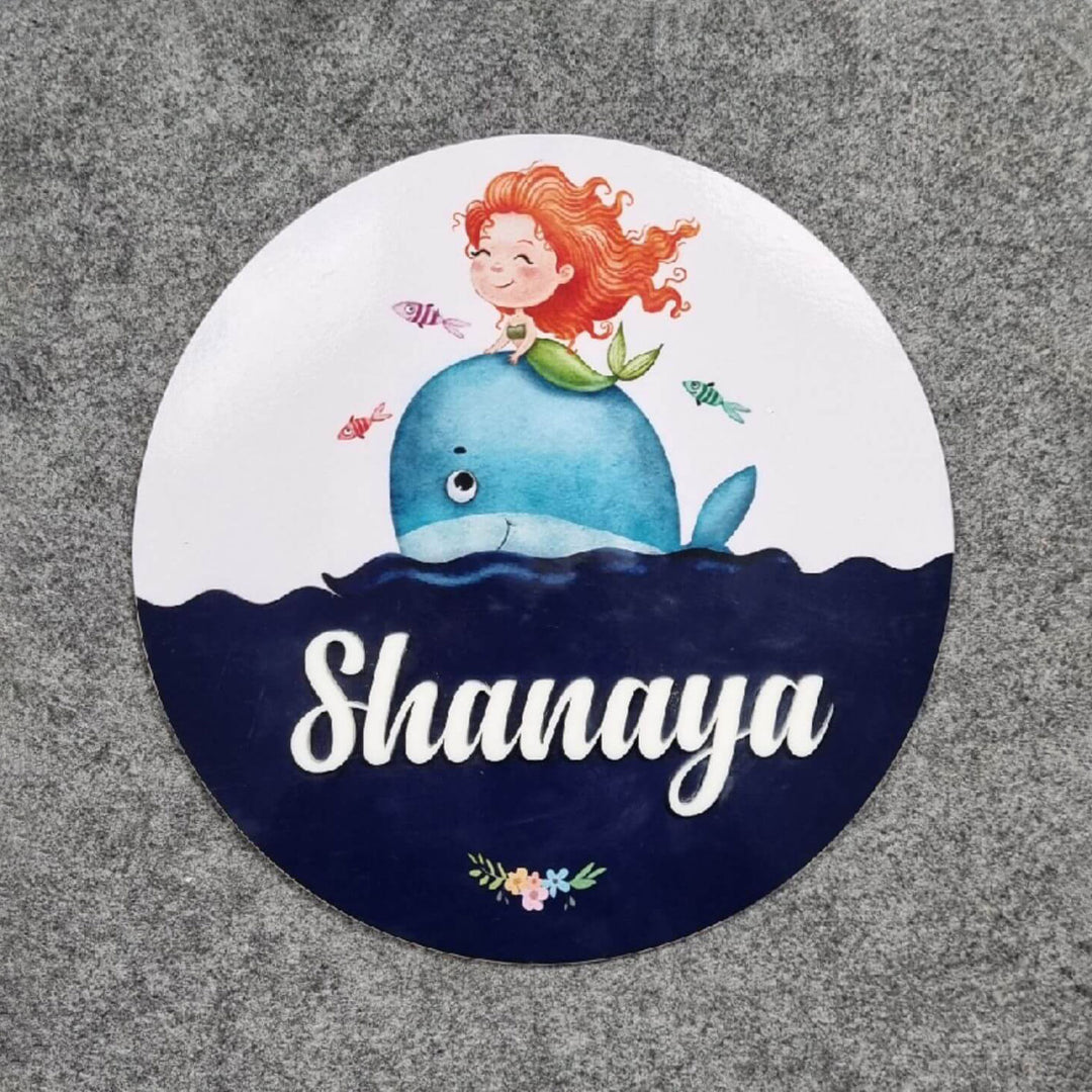 Personalized Mermaid Printed Kids Name Plate With 3D Letters - Top Down View on Floor