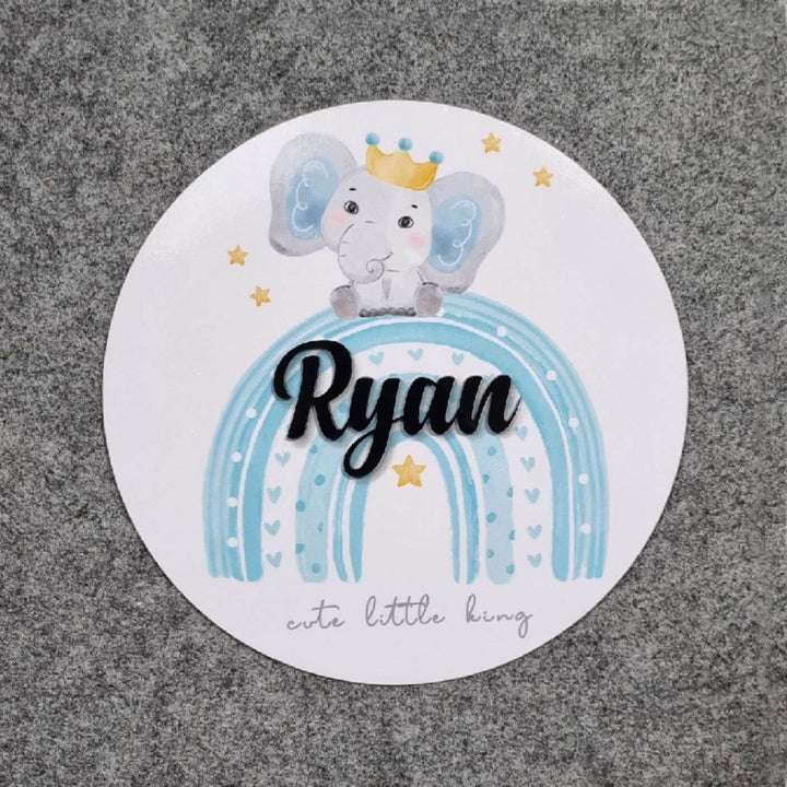 Personalized Elephant King Printed Kids Name Plate With 3D Letters - Name Personalization Example Front View