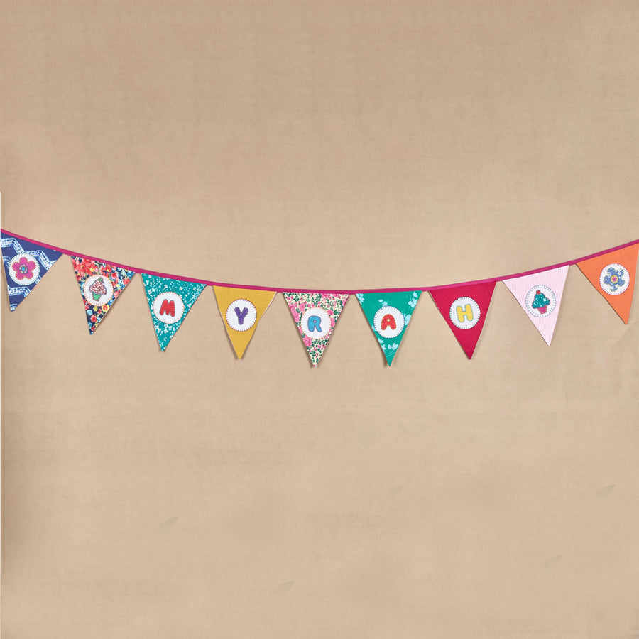 Upcycled Personalized Kids Theme Name Bunting - Straight-on View of Hanging Banner