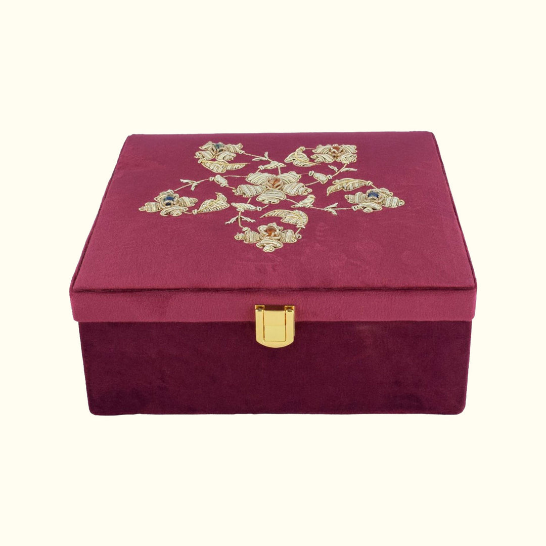 Kali Zardozi on Burgundy Suede Box | Elegant Handcrafted Storage