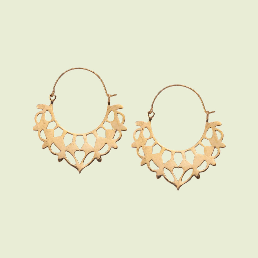 Handmade Brass Modern Hoop Earrings - Floral Drop Pattern