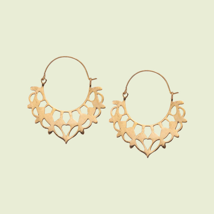 Handmade Brass Modern Hoop Earrings - Floral Drop Pattern