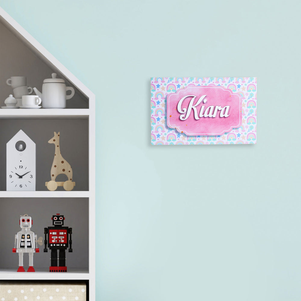 Personalized Rainbow Printed Kids Name Plate With 3D Letters - Mounted on Wall in Room Setting