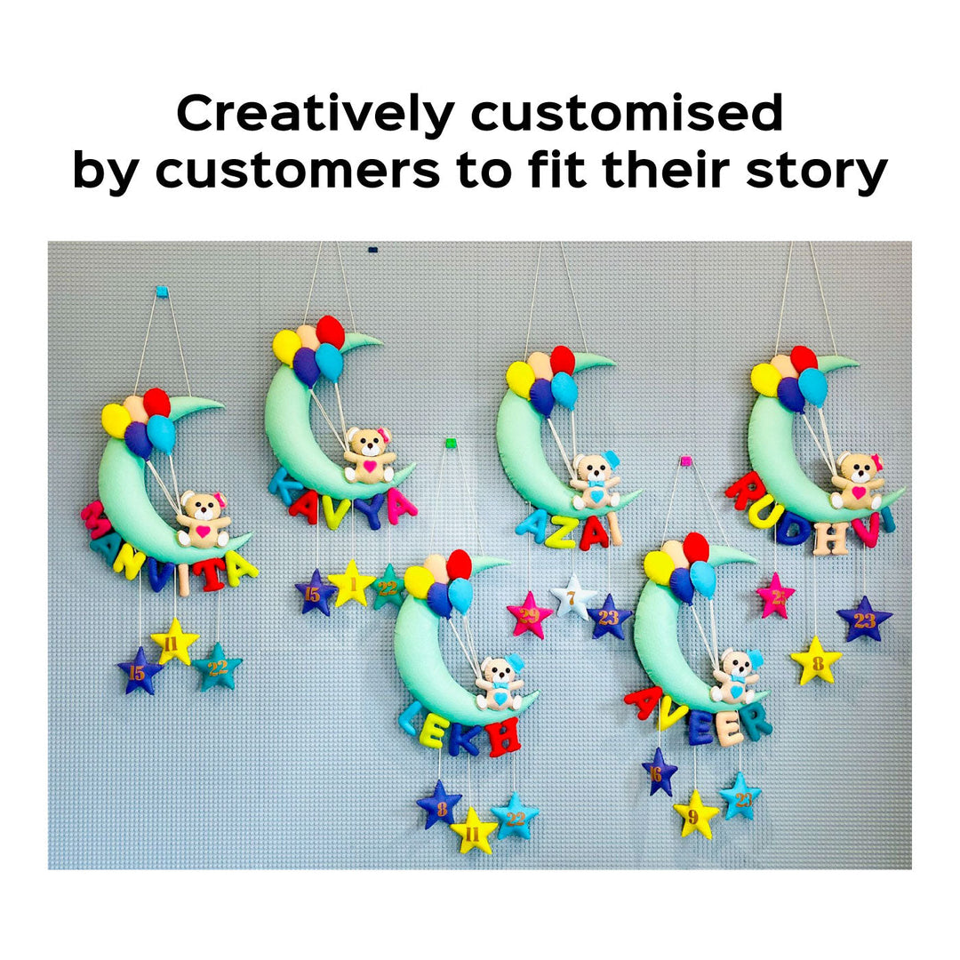 Handmade Teddy On A Moon Kids Felt Name Hanging With Birthdate 2 - Multiple Personalized Hanging Decorations
