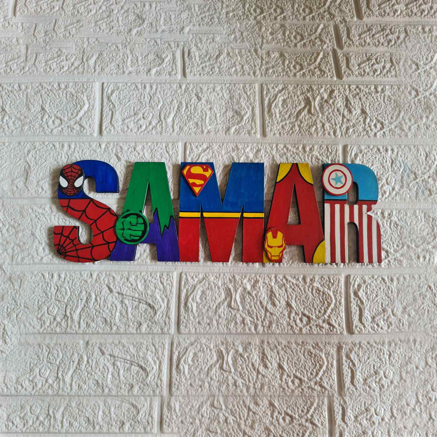 Superhero Theme Name Plate For Kids - Front View on Textured Wall