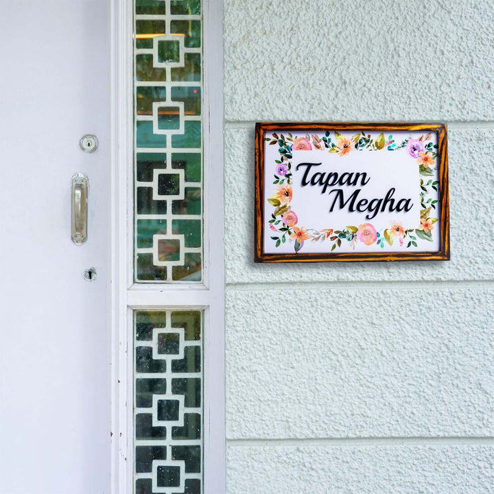 Personalized Floral Printed Name Plate With 3D Letters 2 - Mounted on Exterior Wall Next to Door