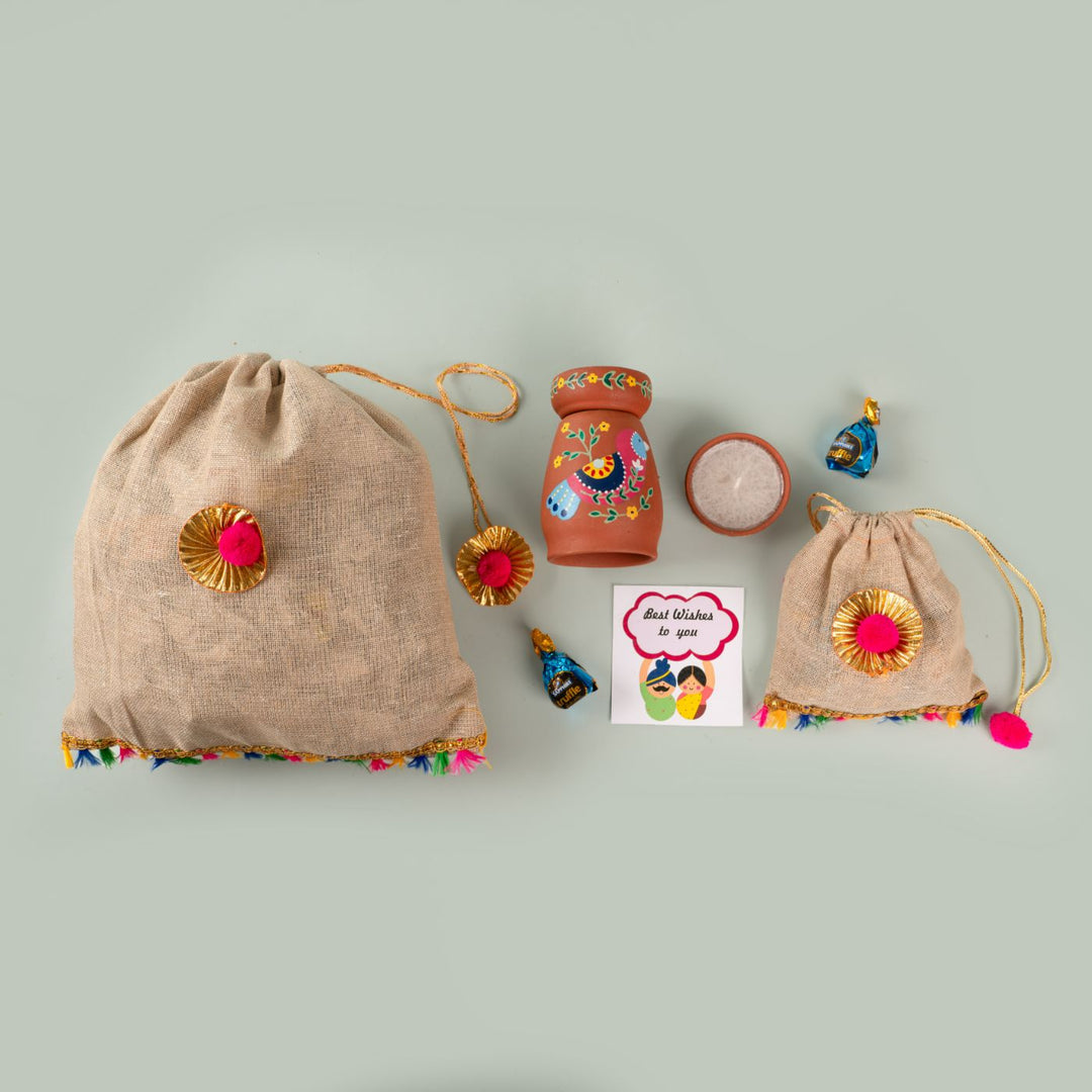 Handpainted Terracotta Tealight Holder & Diya Hamper