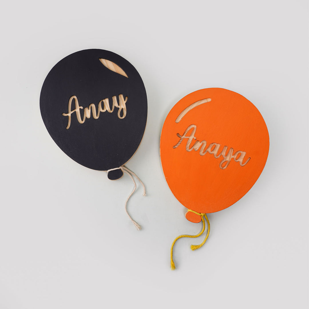 Handpainted Balloon Wooden Kids Name Plate 2 - Top View of Personalized Names