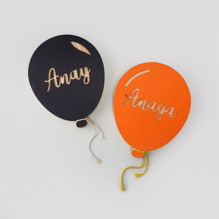 Handpainted Balloon Wooden Kids Name Plate 2 - Top View of Personalized Names