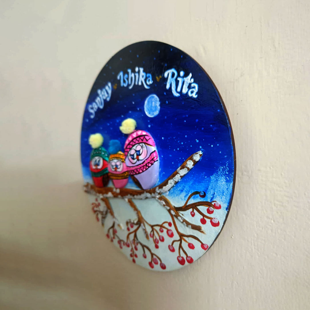 Hand Painted Pebble Art Owl Family Name Plate 2 - Side View Showing Depth and Wall Mount