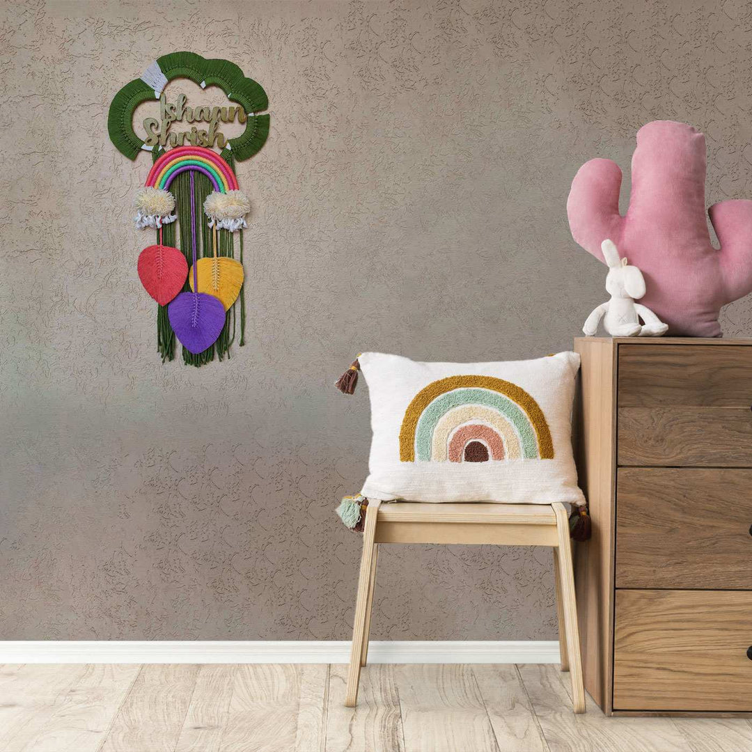 Macrame Cloud Personalized Kids Name Plate - Mounted on Wall in Room Setting