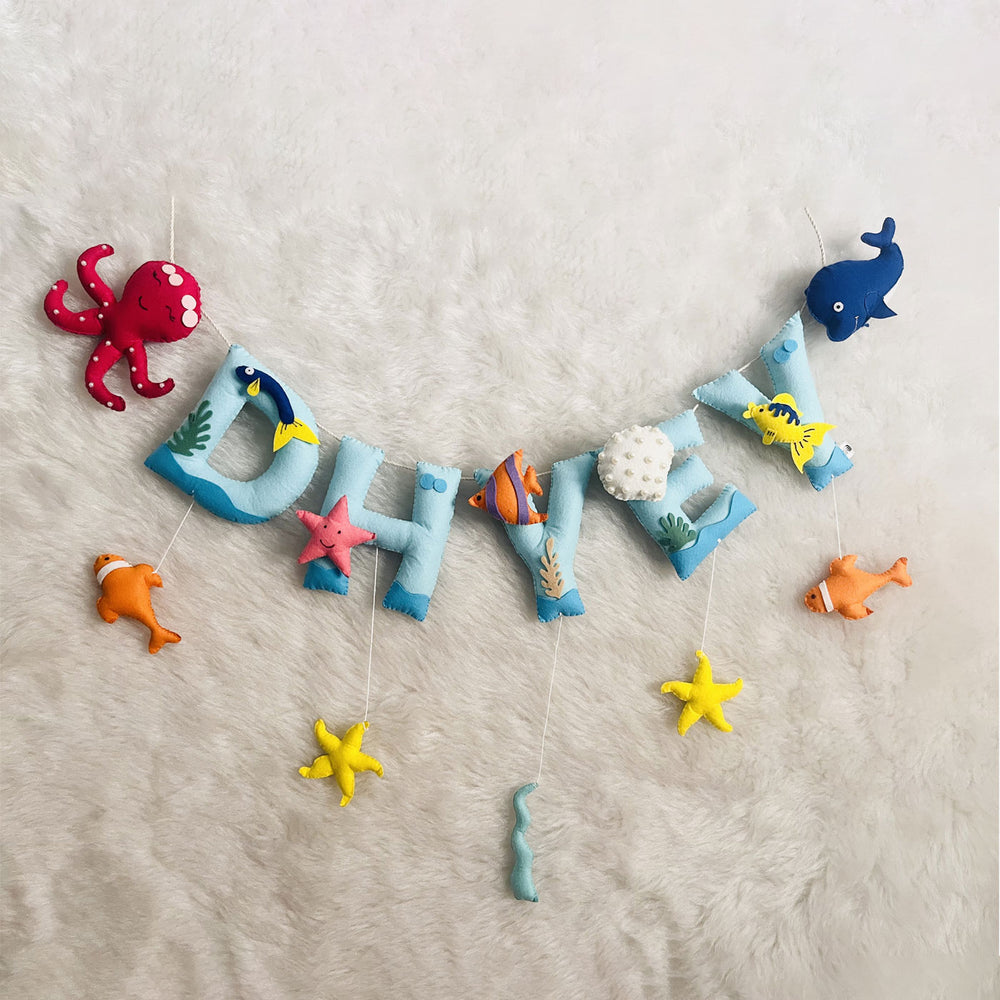 Handcrafted Personalized Fish Theme Bunting For Kids - Hanging Name Banner Displayed Flat