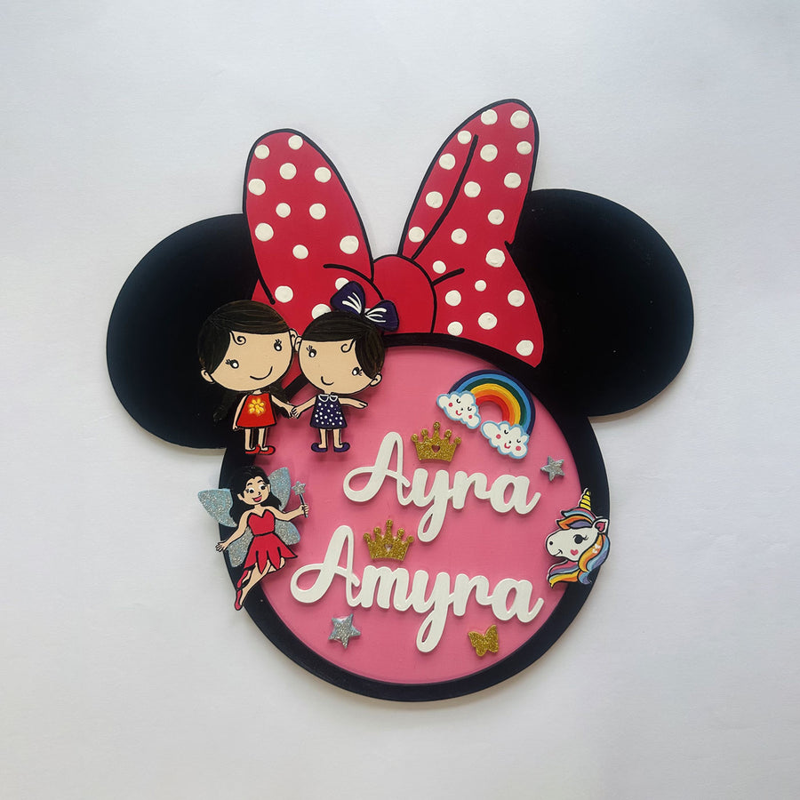 Personalized Minnie Mouse Themed Siblings Mdf Nameplate - Front View Name Personalization Example
