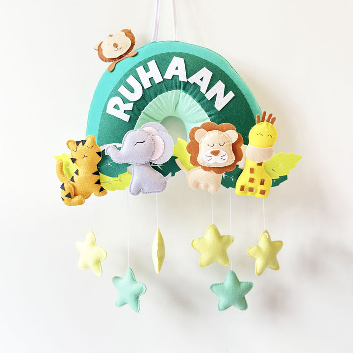 Personalized Felt Jungle Theme Kids Name Plate 1 - Front View Hanging Mobile Display