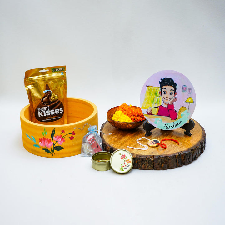 Personalized Rakhi Hamper With Caricature Nameplate 2 - Arrangement with product components