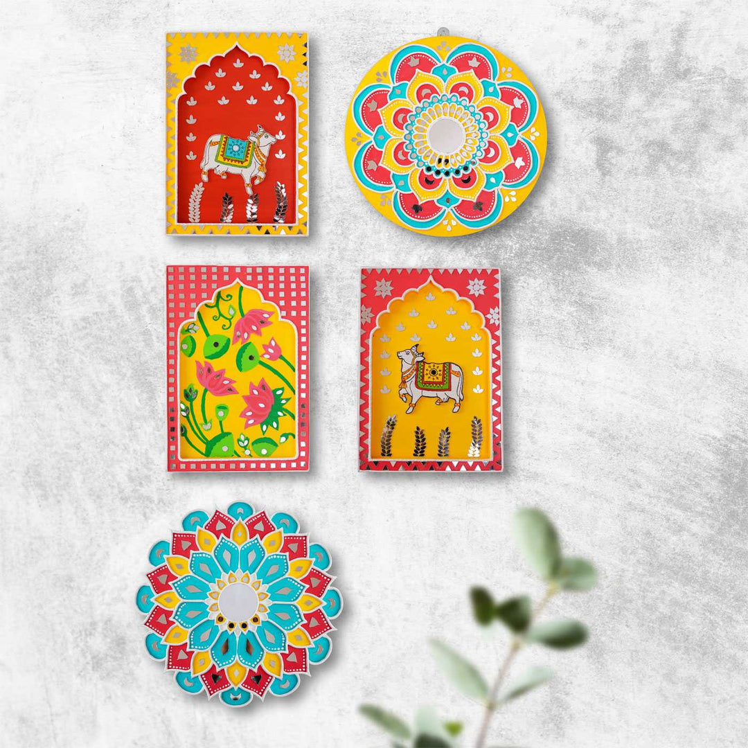 Handcrafted Pink & Yellow Frame - Cow Traditional Lippan Art Jharokha Wall Art