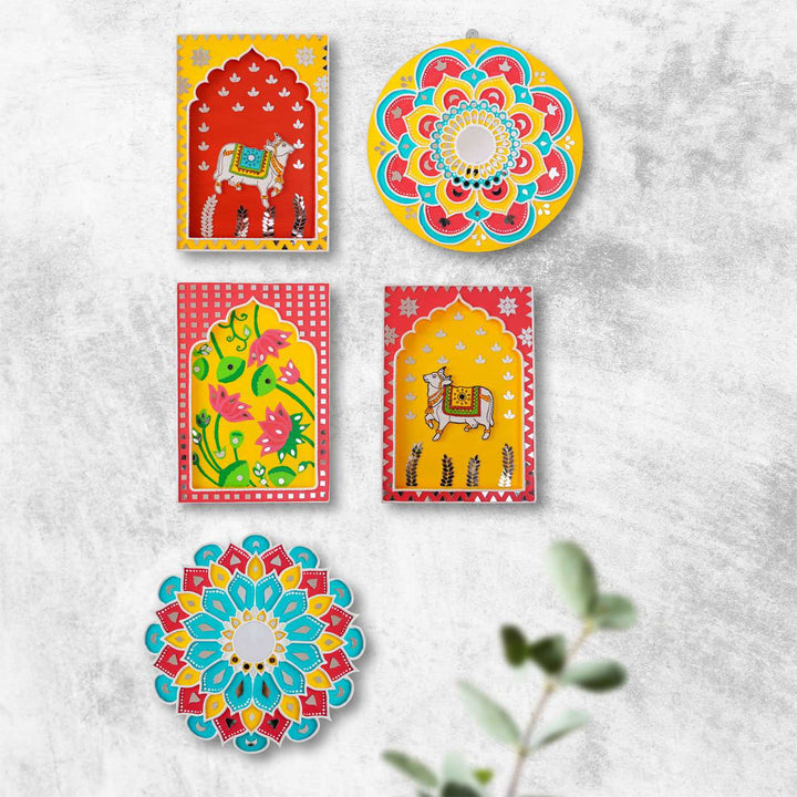 Handcrafted Pink & Yellow Frame - Cow Traditional Lippan Art Jharokha Wall Art