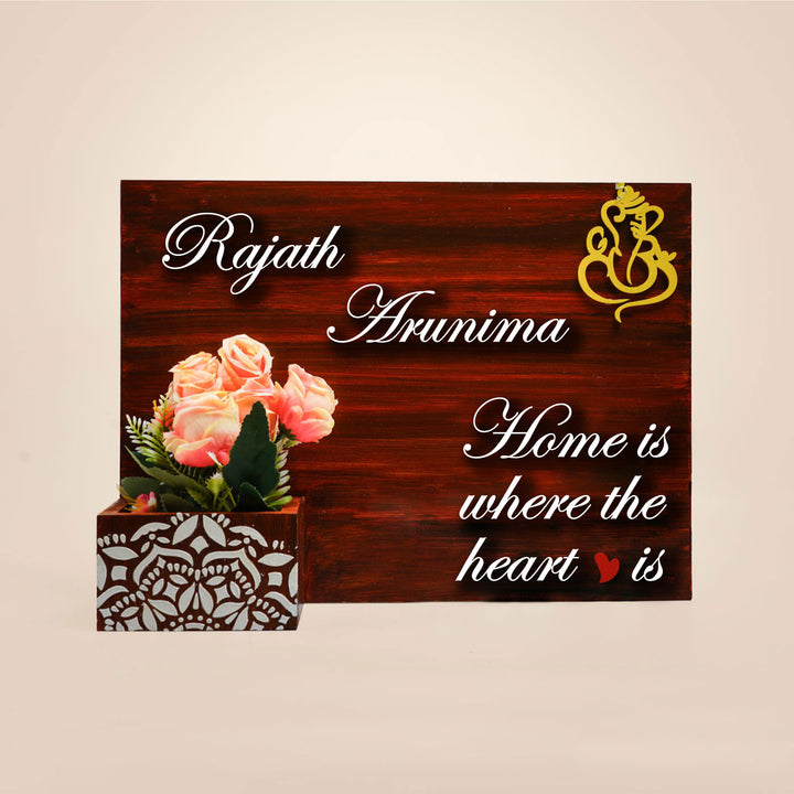 Hand Painted Personalized Wooden Name Plate With Planter 1 - Front View with Flower Decoration