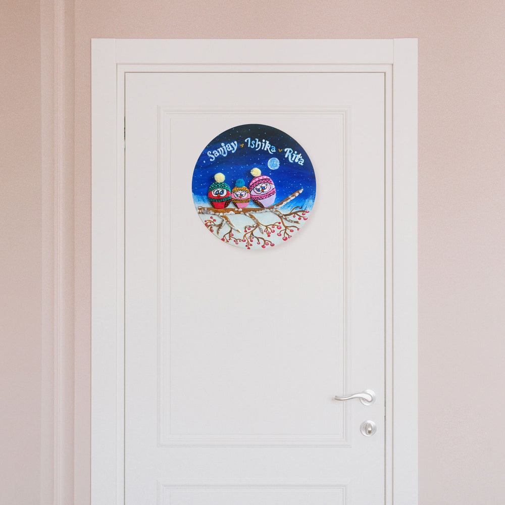 Hand Painted Pebble Art Owl Family Name Plate 2 - Mounted on Door Front View