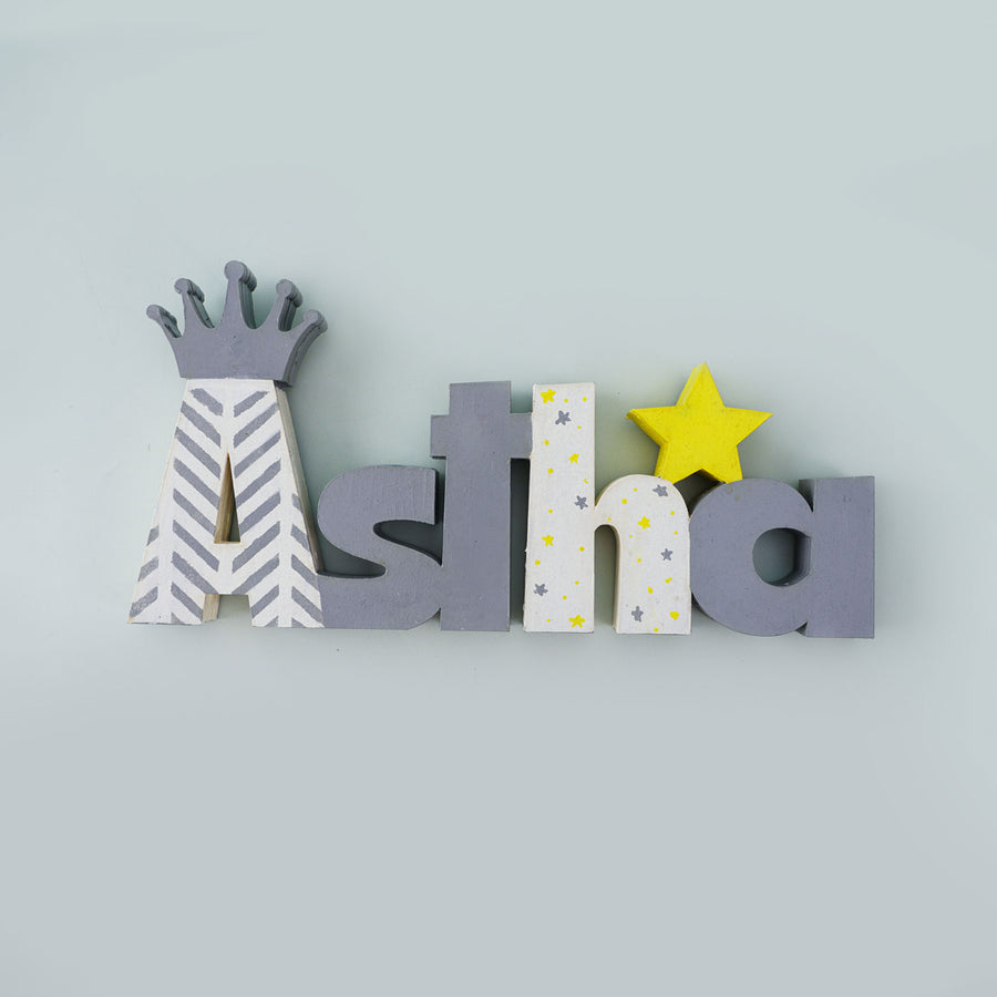Crown And Star Kids Name Plate - Front View on Flat Surface