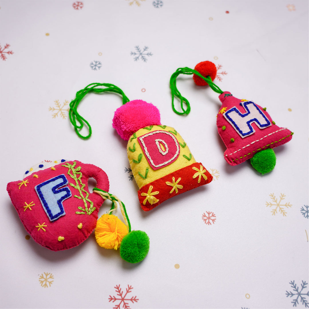 Personalized Initial Embroidered Felt Ornaments For Christmas Tree Decoration | Set Of 3