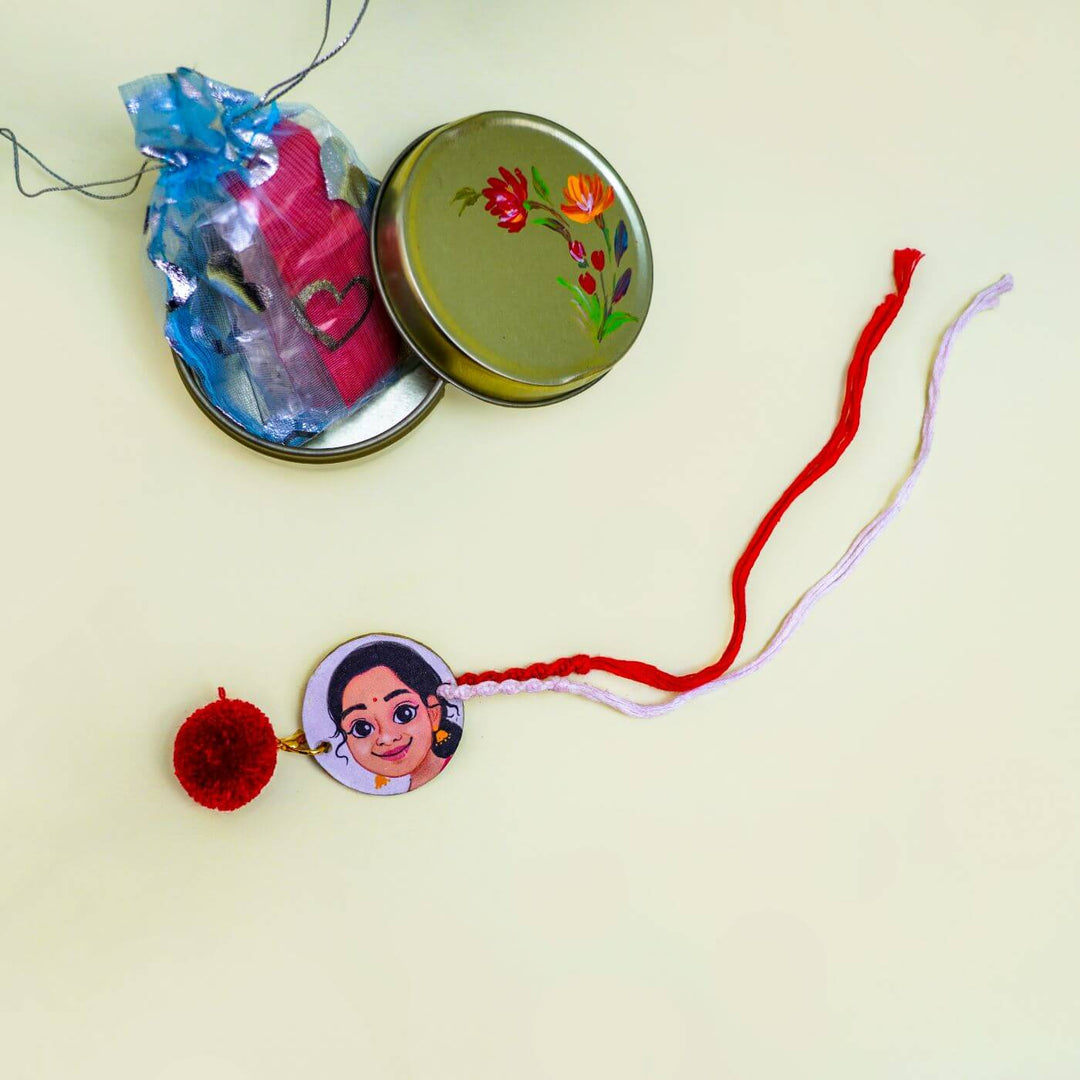 Handpainted Personalized Caricature Rakhi With Roli Chawal 2 - Gift Tin Packaging Example