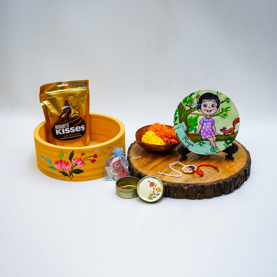 Personalized Rakhi Hamper With Caricature Nameplate 1 - Product Components Display