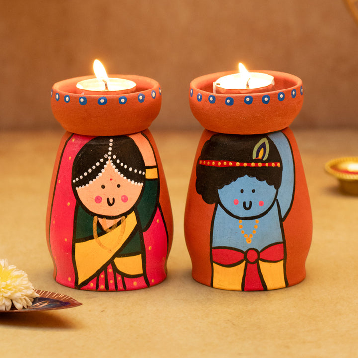 Handpainted Terracotta Tealight Holders with Radha & Krishna | Set of 2