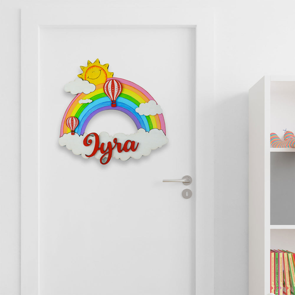 Rainbow And Hot Air Balloon Name Plate For Kids - Mounted on Door Front View