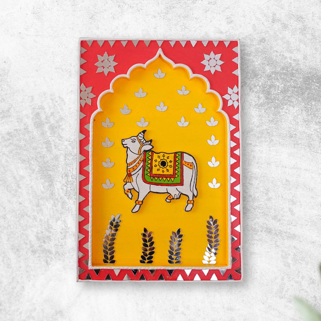 Handcrafted Pink & Yellow Frame - Cow Traditional Lippan Art Jharokha Wall Art