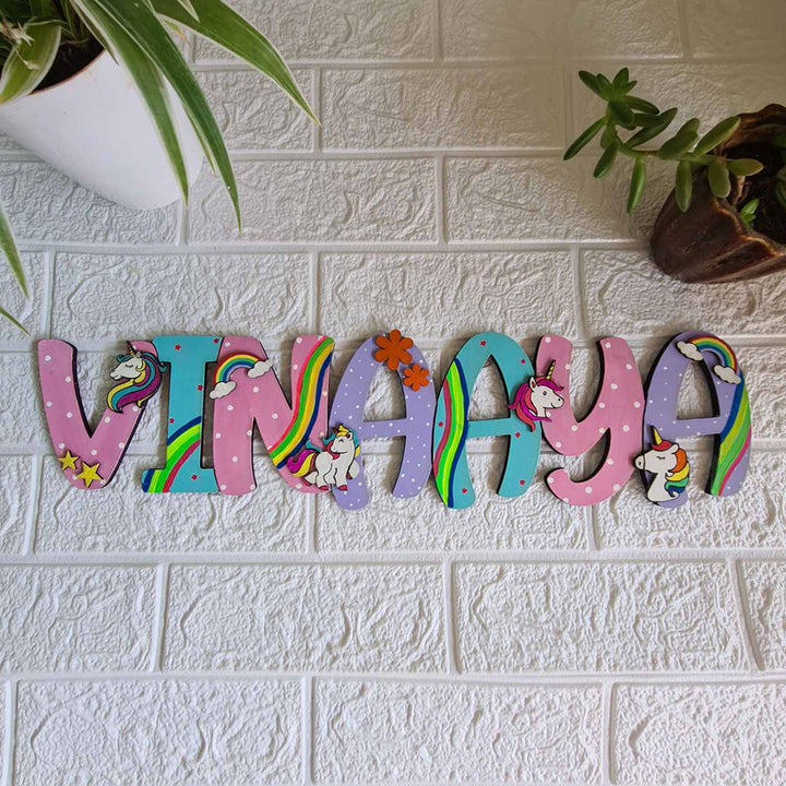 Handcrafted Personalized Unicorn Themed Name Plate For Kids - Mounted on Brick Wall Display