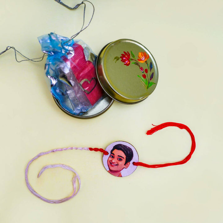 Handpainted Personalized Caricature Rakhi With Roli Chawal 3 - Comes with decorative storage tin
