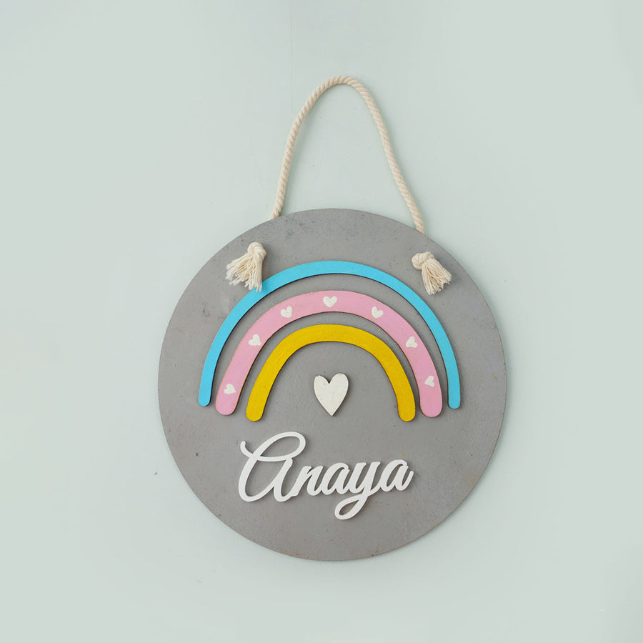 Rainbow Name Plate For Kids - Front View Hanging on Rope