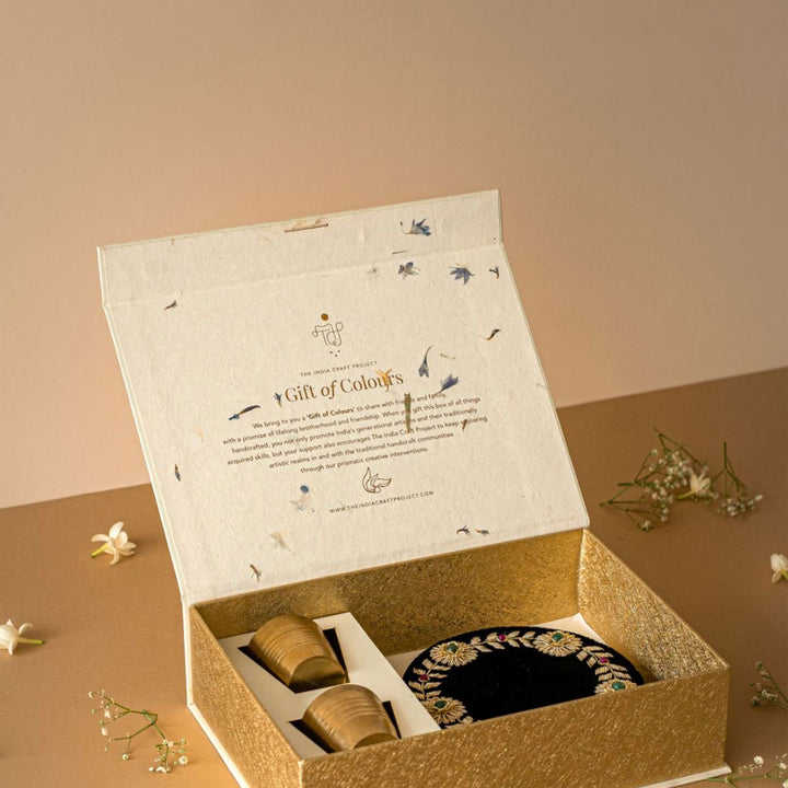 Parv Festive Gift Box with Copper Shot Glasses & Zardozi Coasters