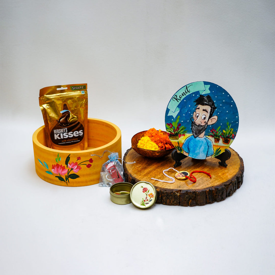 Personalized Rakhi Hamper With Caricature Nameplate - Product Components Laid Out