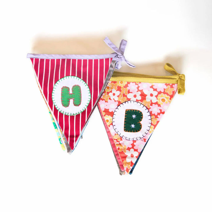 Upcycled Personalized Kids Theme Name Bunting - Front View of Fabric Banners