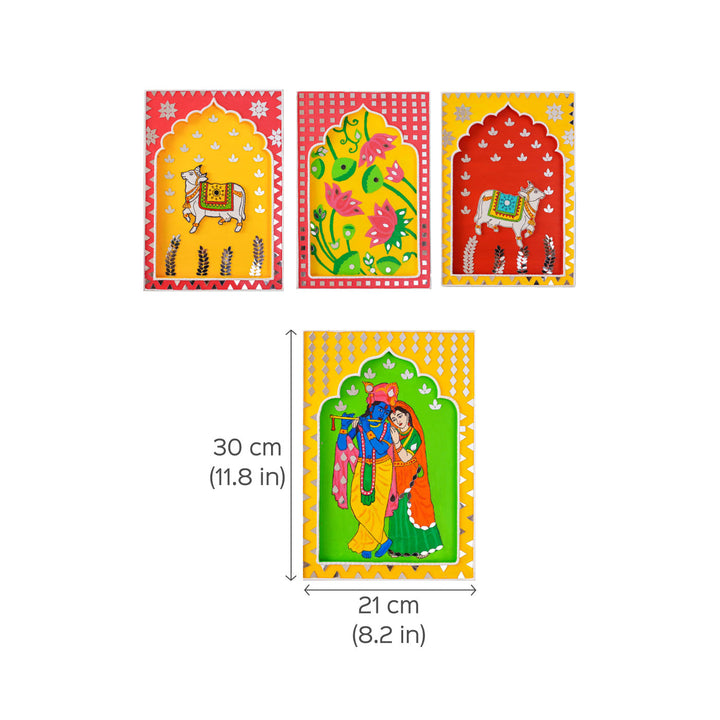 Handcrafted Pink & Yellow Frame - Cow Traditional Lippan Art Jharokha Wall Art